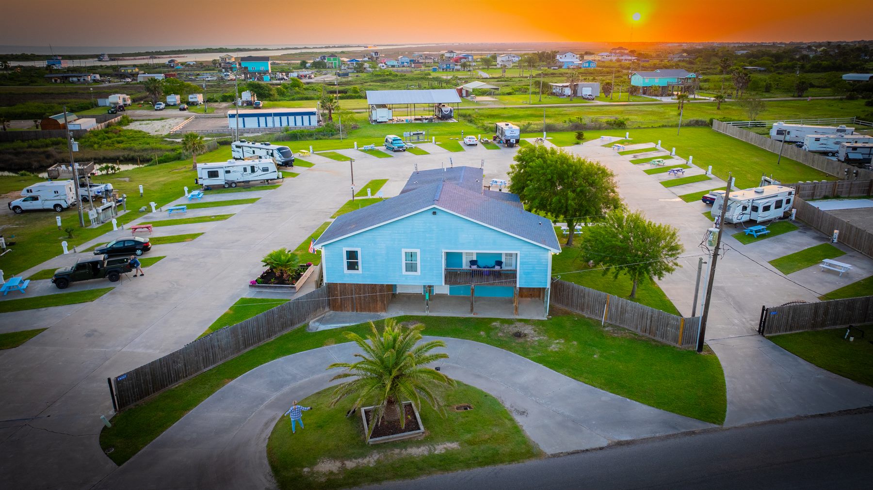 aerial view of concrete RV pads at The Palms at Crystal Beach RV Resort